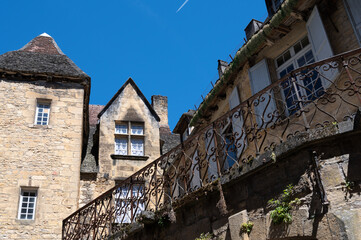 Sarlat-la-Caneda or Sarlat town in French department of Dordogne, Nouvelle-Aquitaine with medieval historic center, UNESCO site and famous Perigord truffle winter markt