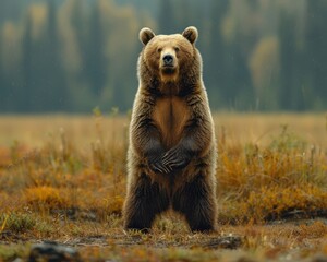 Fototapeta premium Majestic Grizzly Bear Standing on Hind Legs in Lush Forest Habitat
