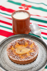 Basques food, sheep’s milk curd dessert Mamia or Cuajada, Curd, maman, gatzatua or gaztanbera Original Basque Dessert curdled with rennet and homemade pears cake