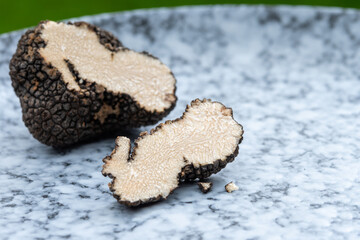 Italian black summer truffle, tasty aromatic mushroom, close up