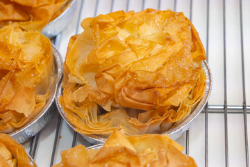 French fluffy tart tourtiere with apples on local market in Perigord, Dordogne, France