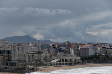 Panoramic view on cliffs, houses, sandy beaches of touristic Biarritz city, Basque Country, Bay of...