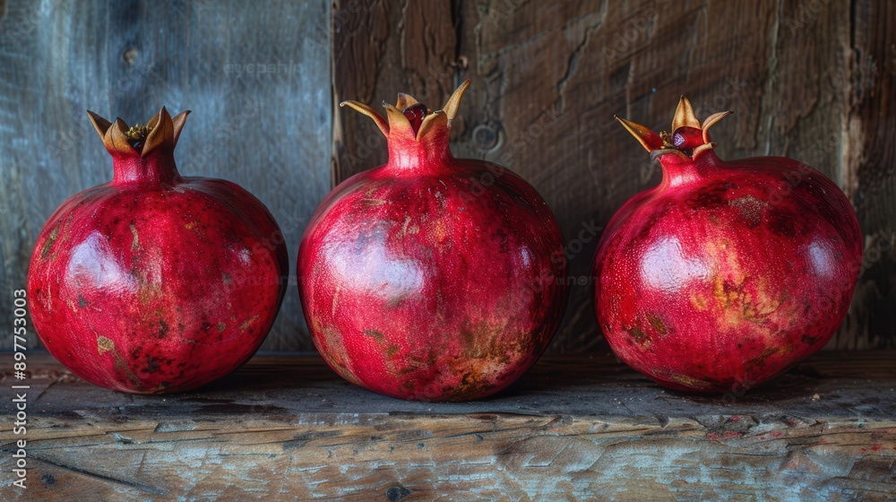 Poster Three ripe pomegranates with visible seeds rest on a rustic wooden surface.