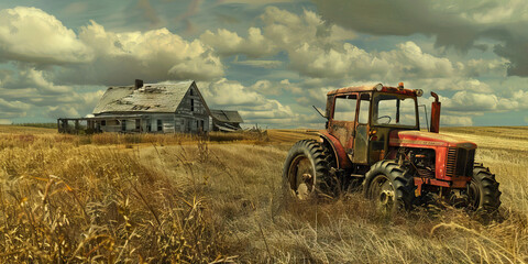 Fototapeta premium Hollowed Heartland: Abandoned farms, rusting tractors, and empty fields