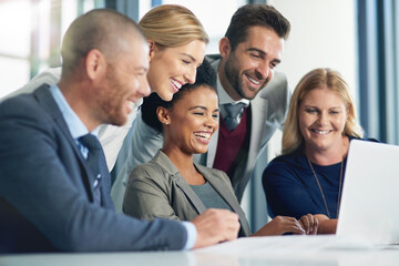Fototapeta premium Business people, smile and collaboration with laptop in office, diversity and together for problem solving. Task force, corporate team and online for risk assessment and stakeholder communication.