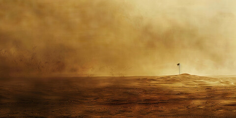 Shifting Sands: Dunes of sand engulfing a lone flagpole, with a disappearing horizon.