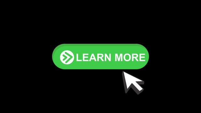 cursor animation pointing towards learn more button in looping with transparent background