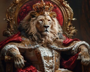 Obraz premium Majestic Lion-Headed King on Throne - Surreal Fantasy Portrait in Regal Attire