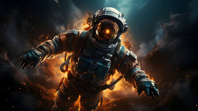 An astronaut, engulfed in flames, floats in a dark, rocky abyss. Their helmet reflects the fiery inferno, creating a haunting scene.