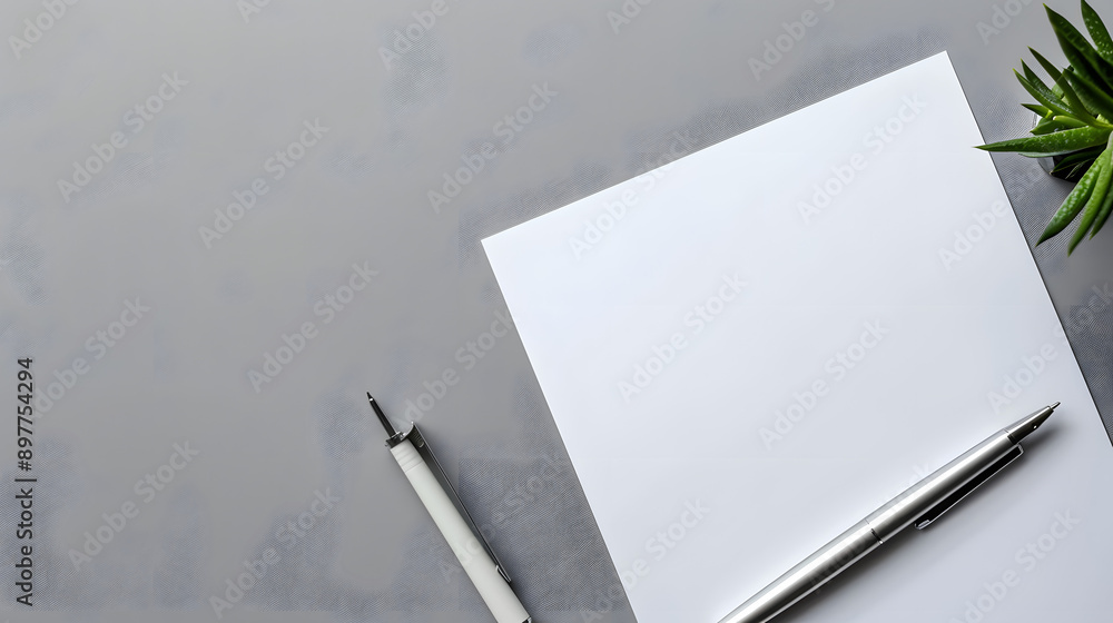 Aufkleber white paper and pen on gray background with space for text top down view of work area