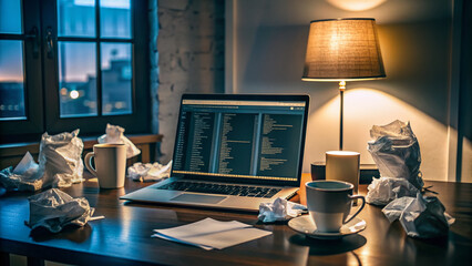 A cluttered desk with laptop and multiple screens displaying python code, surrounded by empty coffee cups and crumpled papers, dimly lit with a subtle glow.