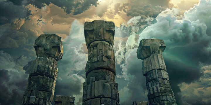 Deteriorating Pillars of Society: Crumbling stone pillars beneath a cloudy sky, symbolizing the collapse of traditional values.