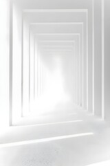 Ethereal White Passageway: Minimalistic Architectural Marvel with Infinite Perspective and Soft Light