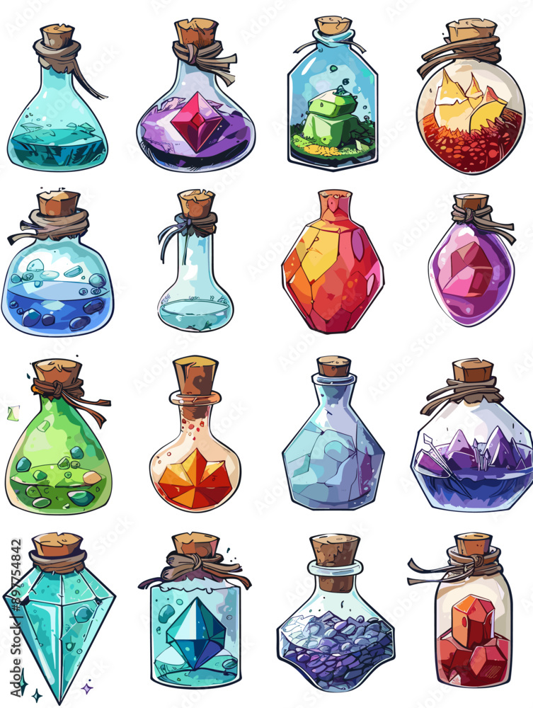Poster illustration of a set of game elements colorful glass bottles with magic potion on a white backgroun