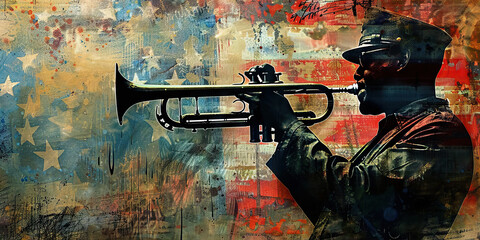 Silent Song of Freedom: A muted trumpet, its notes muffled and fading, symbolizing the decline of America's proud heritage.