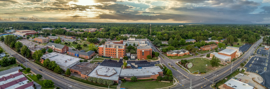 Aerial view of Fayetteville State University historically black college with dramatic sunset sky