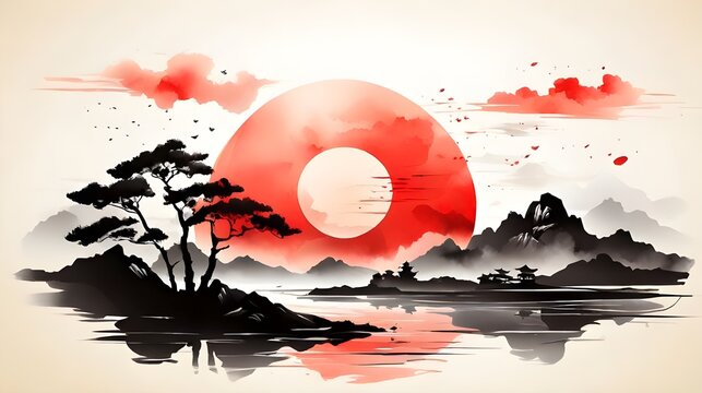 Ink painting of morning landscape with big red sun in traditional oriental minimalistic Japanese style Vector illustration