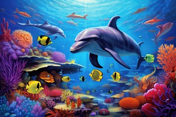 Fototapeta premium whimsical underwater scene with friendly mermaids and playful sea creatures