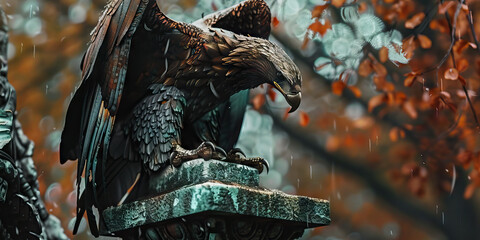 Usurped Eagle: A tarnished eagle statue, its wings torn and perched atop a broken pedestal, signifying the loss of America's iconic symbolism