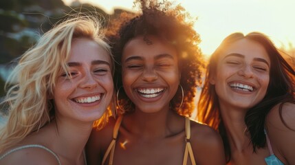 Fototapeta premium Joyful friends enjoying a sunny day at the beach, capturing the essence of friendship and happiness together.