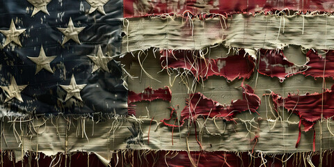 Unraveling Tapestry: A frayed flag, its intricate design unraveling to reveal the threads of America's disintegration.
