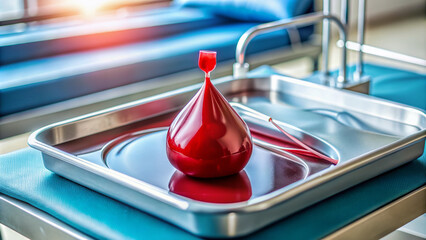 A single red drop of blood falls into a bag on a clean medical tray, symbolizing the importance of blood donation on National Donor Day.