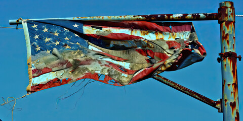 Decaying Edifice of Empire: A crumbling American flag, frayed at the edges, hanging from a rusted metal pole.