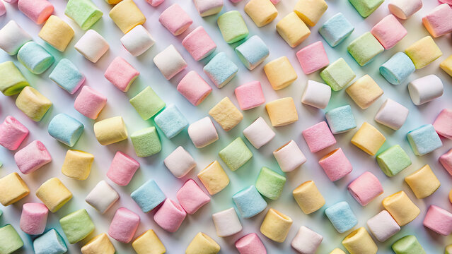 Colorful marshmallows arranged in a repetitive geometric pattern on a white background, creating a playful and whimsical visual effect with soft pastel colors.