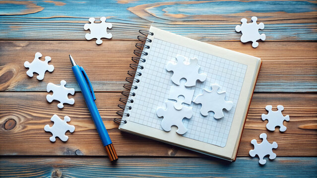 A serene background with puzzle pieces, a thought bubble, and a notebook, symbolizing the process of reorganizing thoughts and behaviors in cognitive therapy.