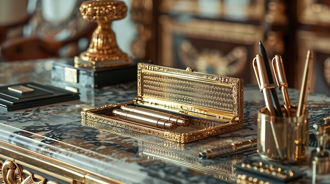 Luxury office decor with a gold and leather financial statement holder placed on a marble desk complemented by stylish accounting tools highlighting high quality business accessories