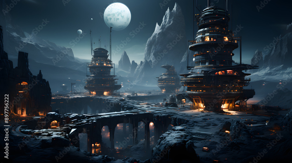 Poster a futuristic cityscape with towering structures and a large moon in the background, creating an eeri