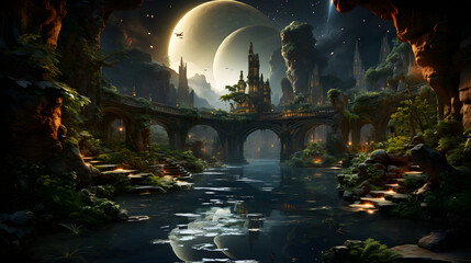 A mysterious and beautiful fantasy landscape with a glowing bridge leading to a castle in the distance, surrounded by lush greenery and a mystical sky.