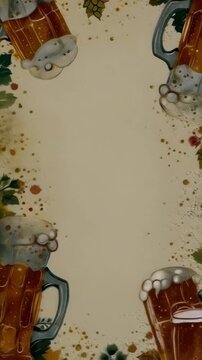 Four frothy beer mugs with amber liquid and hops frame a blank center. The scene features water splashes and greenery, perfect for festive themes. Ideal for beer-themed events or menus.