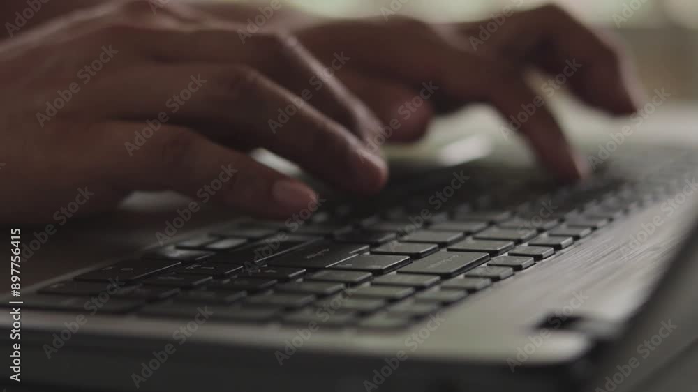 Poster Close up of freelancer's developer hands typing program code on laptop keyboard in coworking. Businessman at work in working in cafe. Copywriter writing text on computer keyboard in coffee shop.
