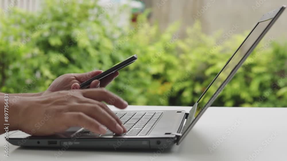 Fototapete cyber security 2fa login concept. businessman working on laptop logging in on smartphone and modern 
