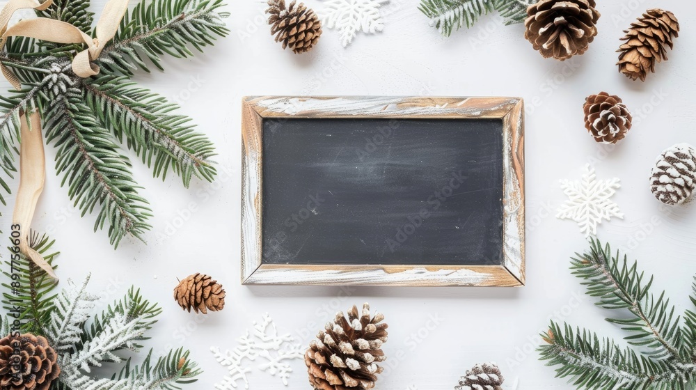 Aufkleber top view of white desk with chalkboard and pinecones flat lay with space for text