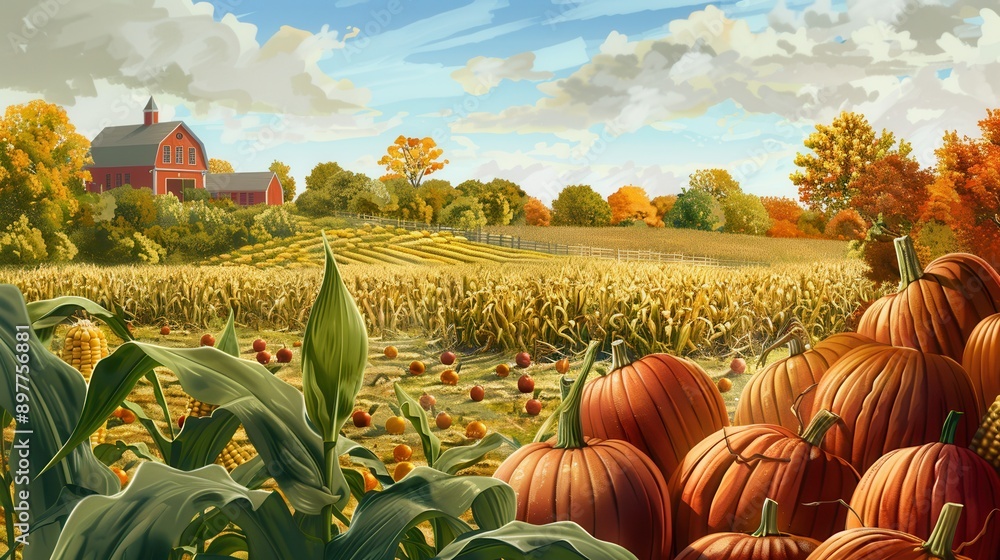 Poster a red barn sits on a hillside overlooking a field of golden corn with rows of pumpkins and scattered