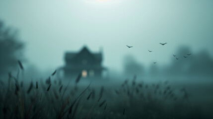 Clean Halloween night scene with a glowing haunted house and bats flying, eerie, minimal