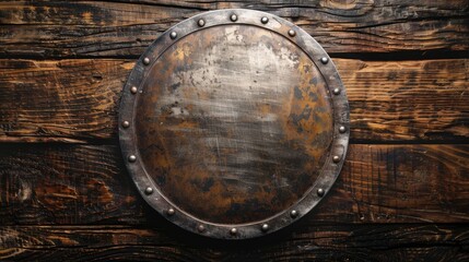 Vintage metal plate on wooden backdrop