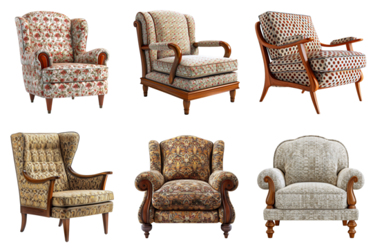 Fabric chair with wooden legs, retro style, colorful vintage pattern