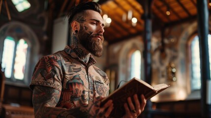 Obraz premium tattooed man in a church with open bible