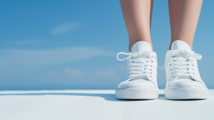 Naklejka premium Clean and simple image of legs in white sneakers against a plain backdrop, minimal, fashion