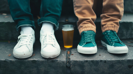 Two people sitting on steps wearing casual sneakers and holding drinks, relaxed, outdoor