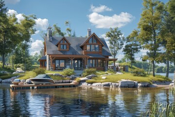 Fototapeta premium Serene Lakefront Home with Dock and Boat