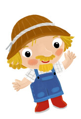 cartoon scene with farmer man standing doing some activity isolated background illustation for children