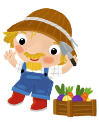 cartoon scene with farmer man standing doing some activity isolated background illustation for children