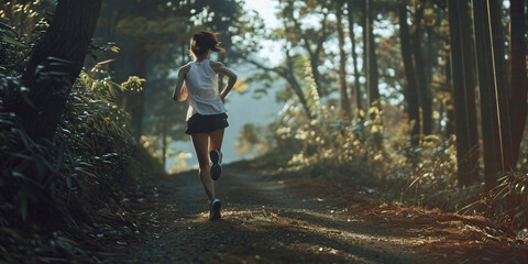 japanese woman runs down a forest path, the sun filtering through the trees creating a beautiful, bright, and warm atmosphere.