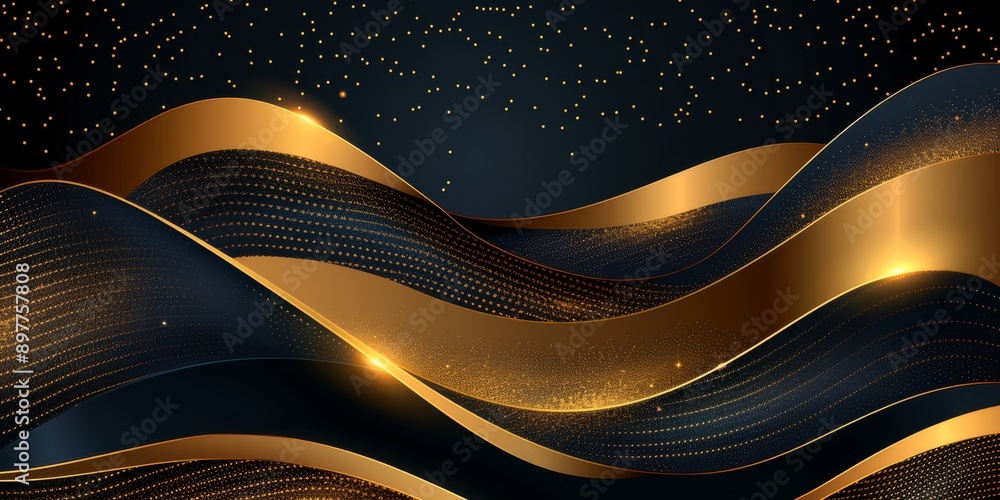 Poster stunning abstract design with golden waves and black backdrop, adorned with sparkles and dynamic pat