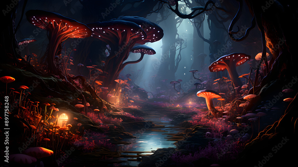 Poster a mystical forest with glowing mushrooms and a winding creek. light streams through the trees creati