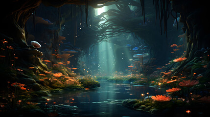 A mystical forest scene with a glowing river and giant mushrooms, bathed in ethereal light. The forest is alive with glowing flowers and a dreamlike ambiance.